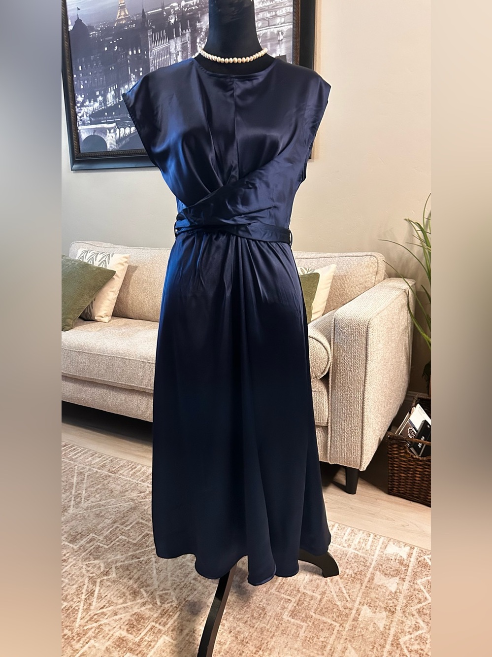 Satin Maxi Dress in Navy with Draped Wrap Waist